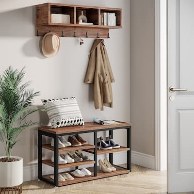 Modern Shoe Bench and Wall-Mounted Coat Rack Set foe Entryway