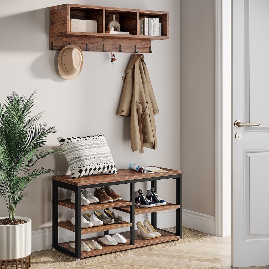 Modern Shoe Bench and Wall-Mounted Coat Rack Set foe Entryway