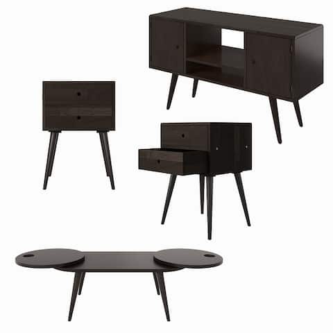 Carson Carrington Shorewood 4-Piece Mid Century Modern End Tables with Drawers, Oval Cocktail Table and Entertainment Cabinet