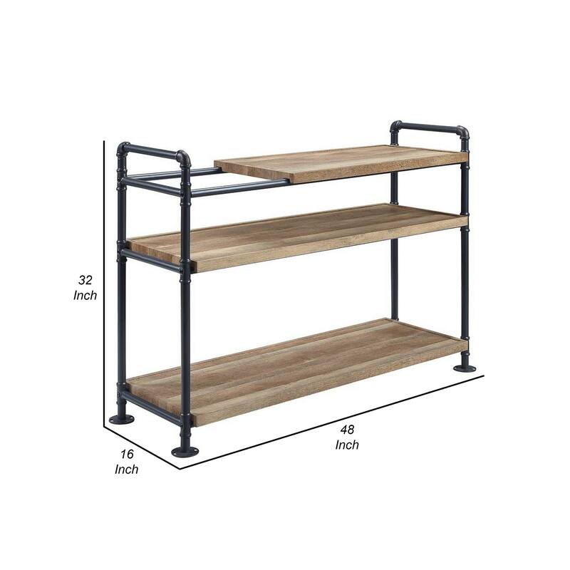 Ley 48 Inch 3 Tier Industrial Style Bookshelf, Metal, Brown, Black
