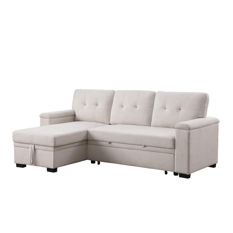 84.5"W Beige Woven Reversible Sleeper Sectional Sofa with Storage Chaise, 53x84x34 inches, 188 lbs