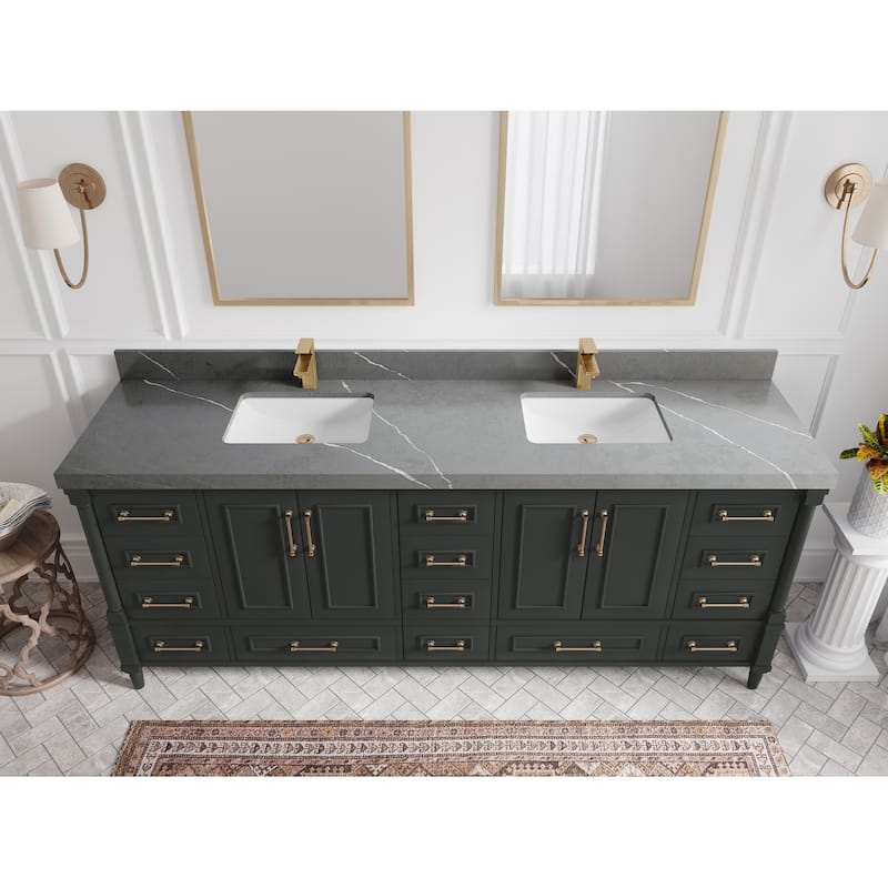 Willow Collections 84 in. W x 22 in. D Aberdeen Double Bowl Sink Bathroom Vanity with Countertop - 2" Piatra Gray - Black Top