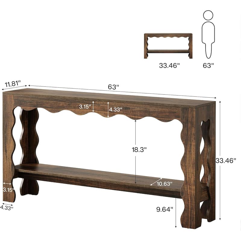 63 Inch Console/Entryway Table, Modern Rustic Entry Table with Scalloped Edge & Storage Shelf