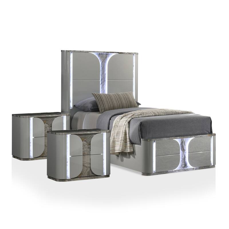 Furniture of America Sherri Modern 3-Piece Light Grey Solid Wood Kids Platform Bed and 2-Nightstand Bedroom Set with LED