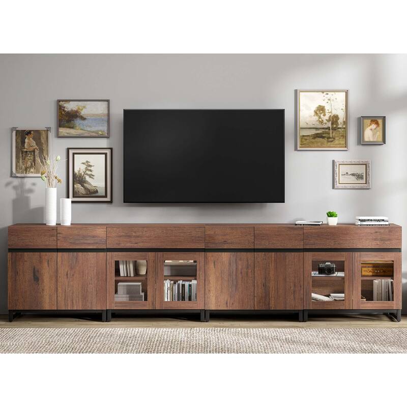 Modern 4-in-1 TV Stand for 120" TVs, Console with Glass Doors & 2 Drawers, Adjustable Shelf