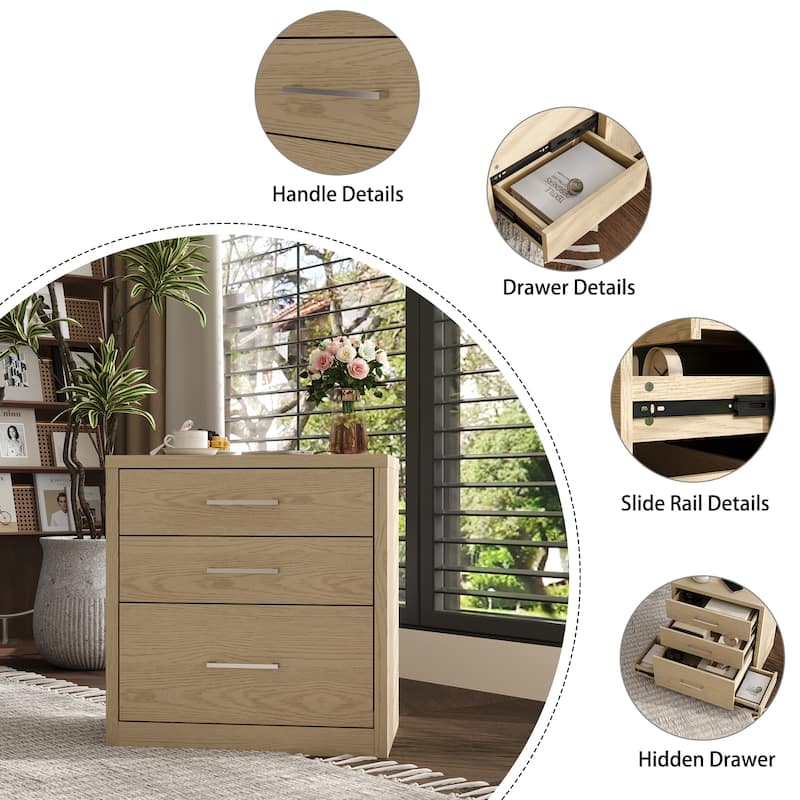 Chic Wooden 3-Drawer Nightstand: Wood Finish with Hidden Drawer for Secret Storage Bedside Table