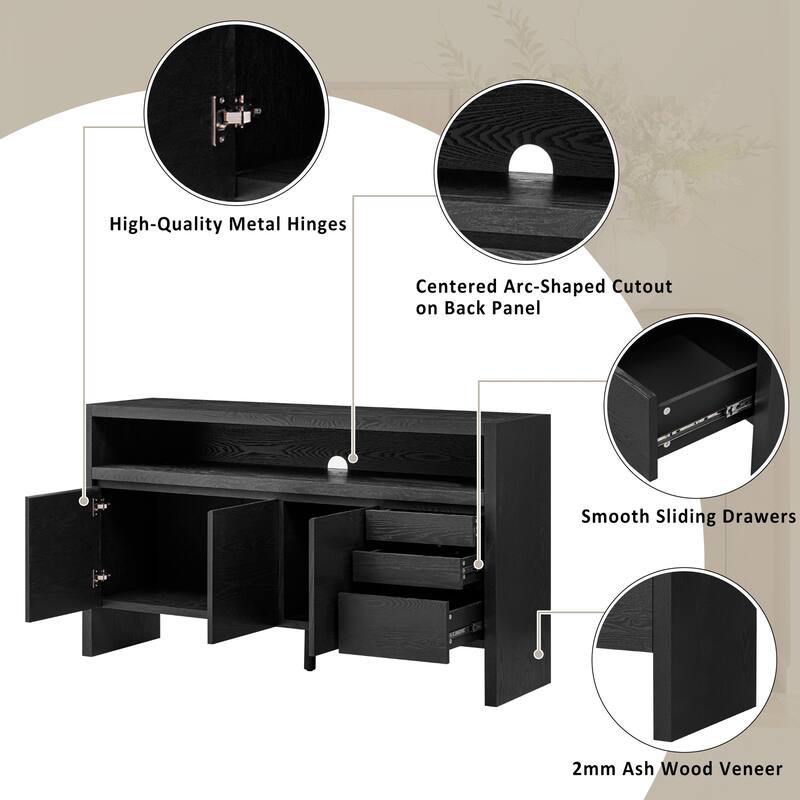 3-Door Sideboard with 3 Drawers - Modern Solid Ash Sideboard, Large Storage Cabinet for Living Room, Hallway, Dining