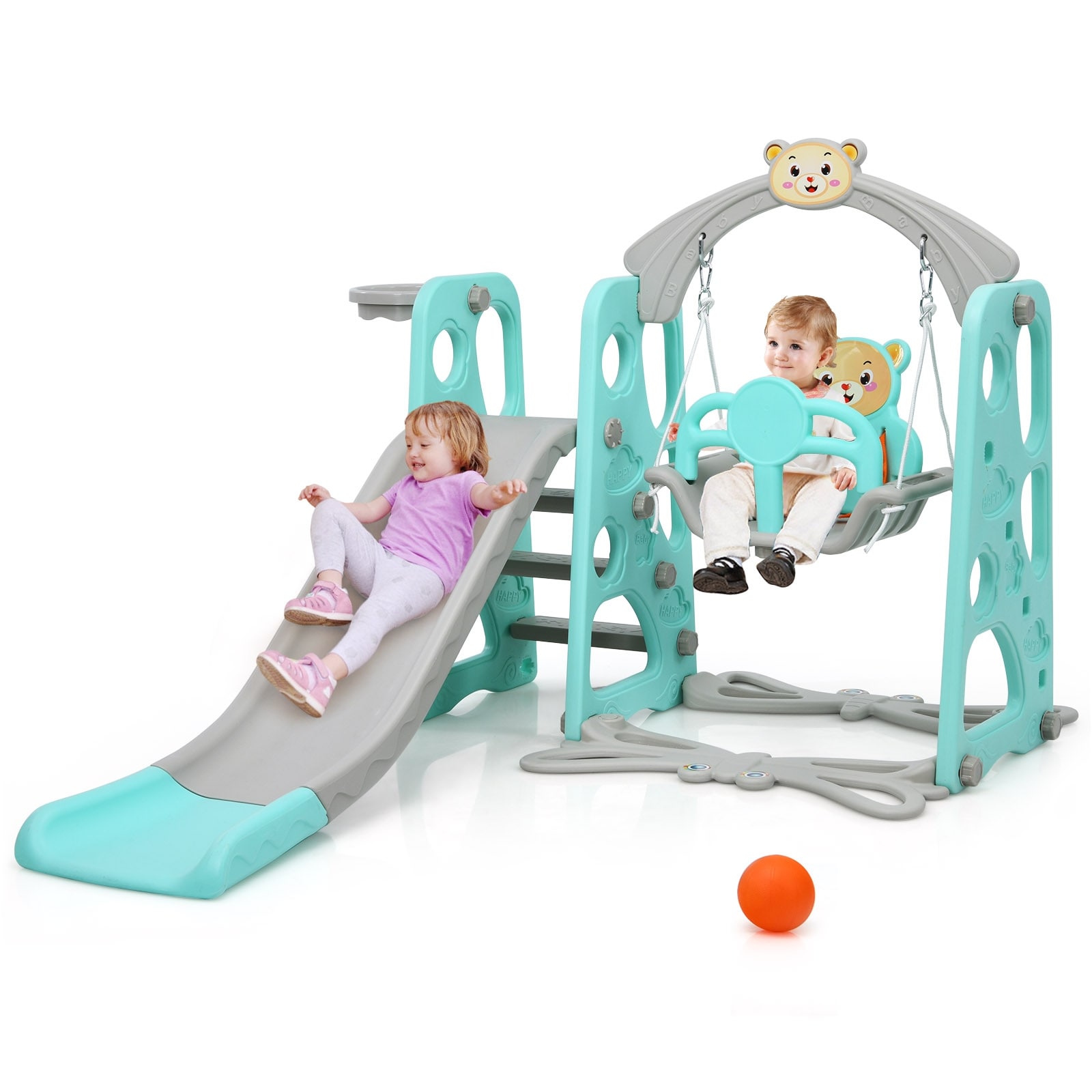 Costway 3 in 1 junior children climber slide swing seat basketball hoop playset backyard 2025