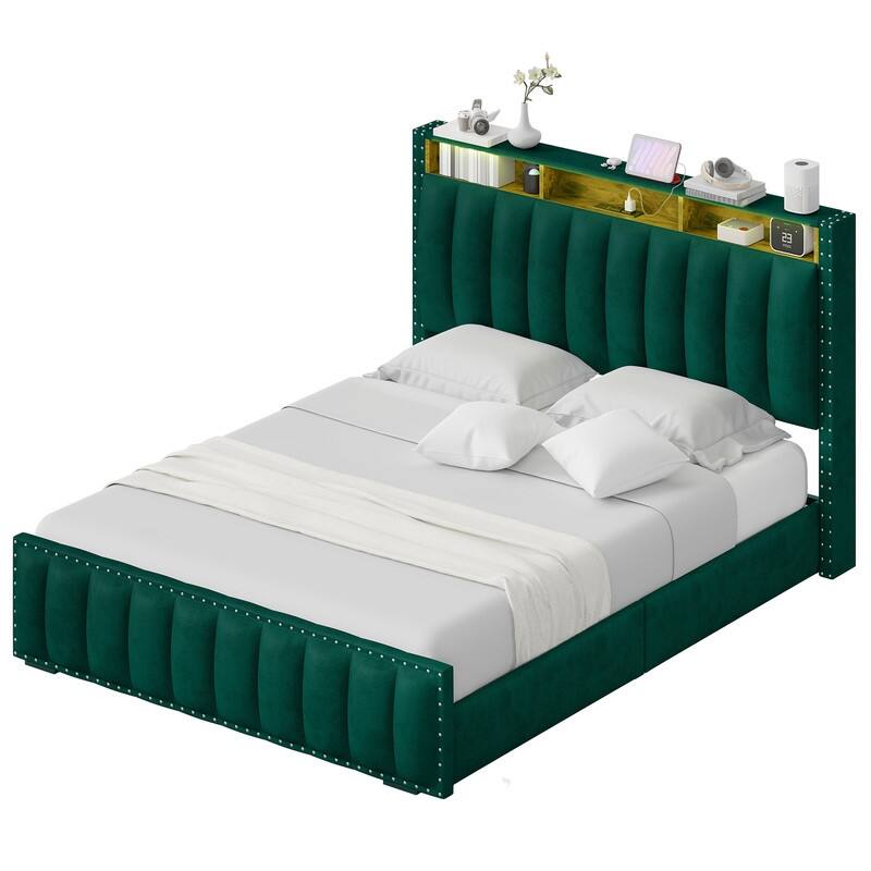 Full / Queen / King Size Platform Bed Frame with Upholstered Storage Headboard and 4 Drawers