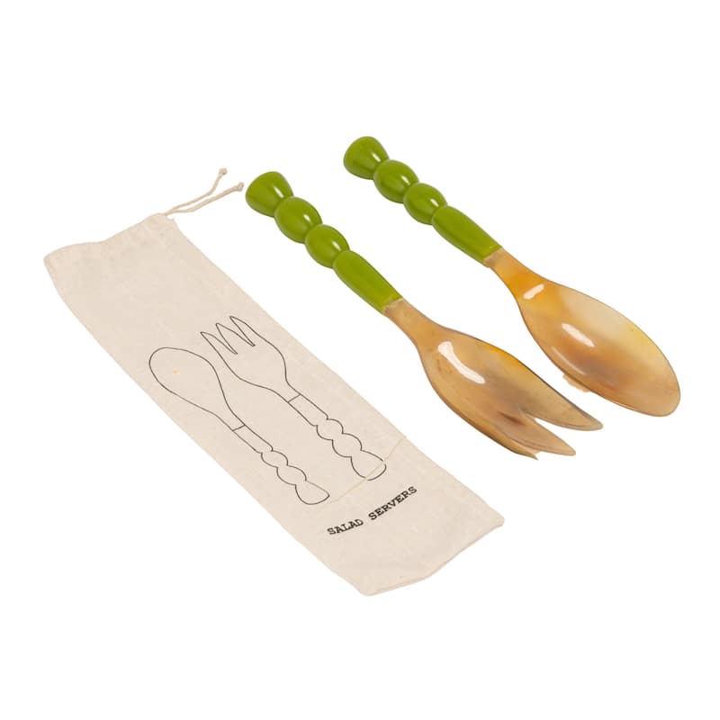2-Piece Natural Horn Salad Server Set with Marbled Resin Handles - Green - 12.0"L x 2.5"W x 1.25"H