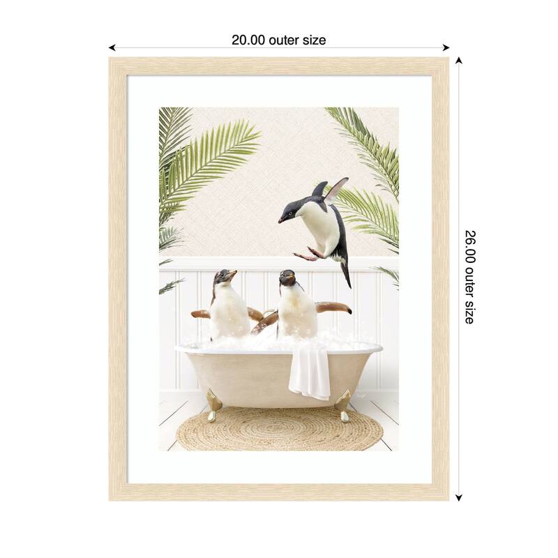 Kate and Laurel Penguins in Palms Bath by Amy Peterson Framed Wall Art Print