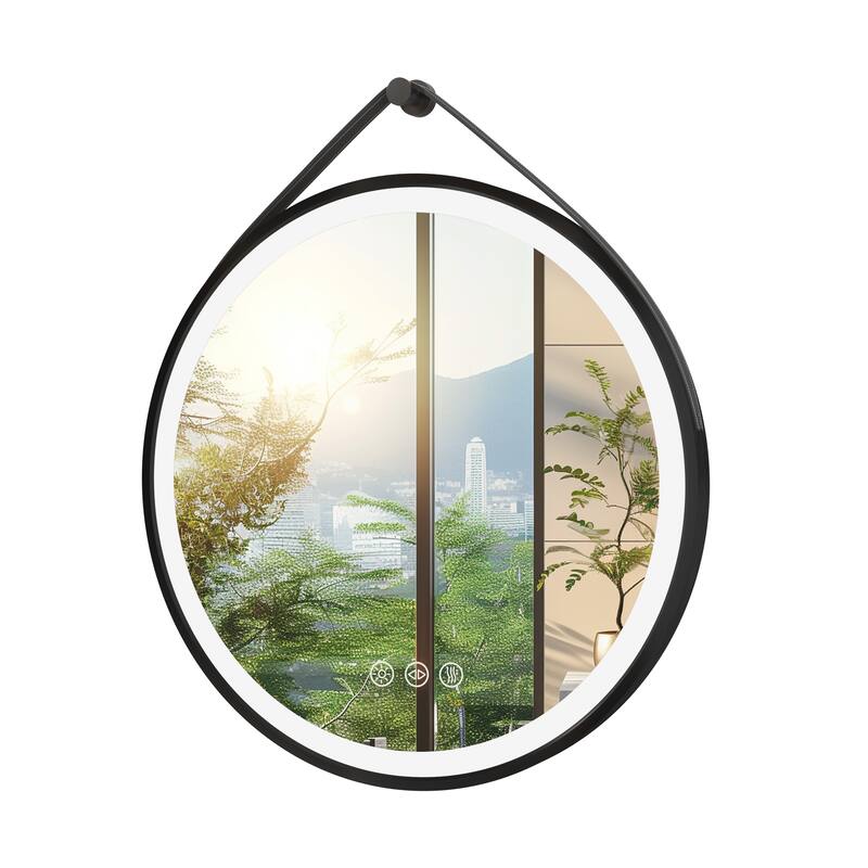 Round Black Framed Bathroom Mirrors Vanity Lighting with Microfiber Leather Hanging Strap