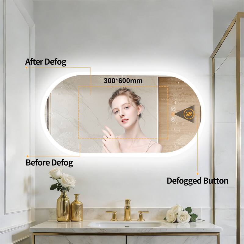 Oblong Bluetooth Led Lighted Bathroom Makeup Mirror Tempered Glass Backlit Vanity Mirror