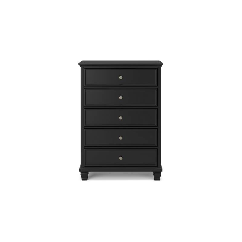 Lemo Tall Dresser Chest, 5 Drawer, Nickel Round Knob, Black Solid Wood