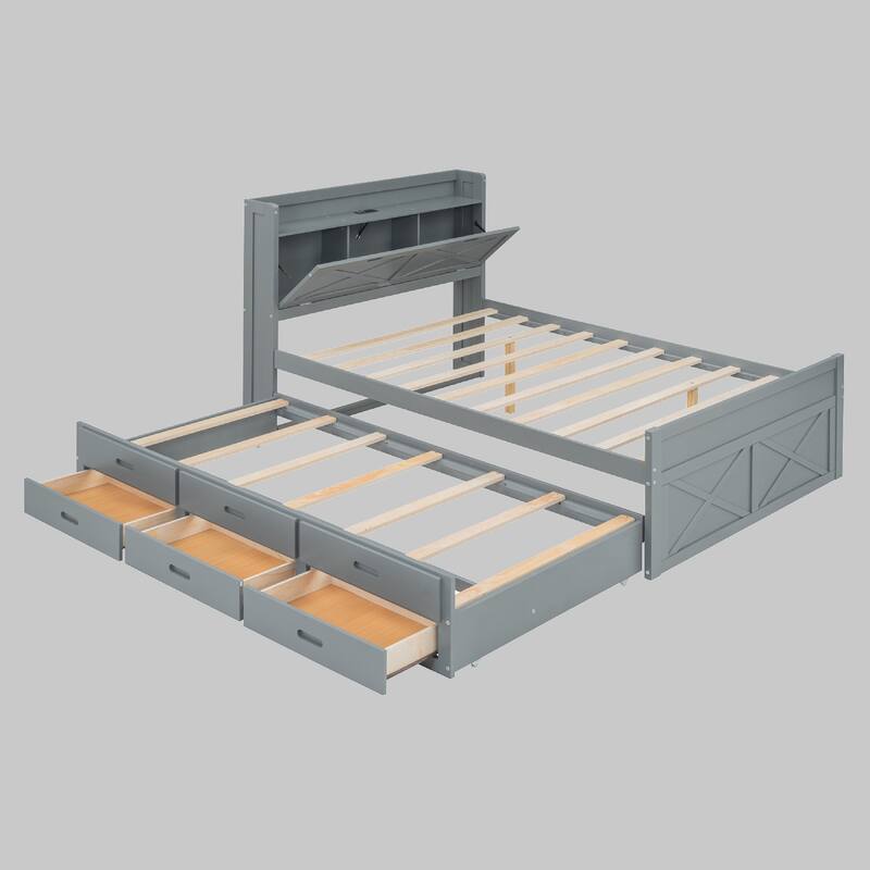Space-Saving Full Size Bed with Storage Headboard, Outlets & Trundle with 3 Drawers for Extra Storage - Grey - Full