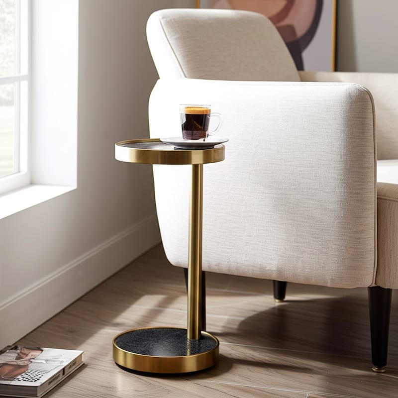 Stone Metal Side Table Modern Round Tray Top Sleek Frame - 23" Black - 23.25"