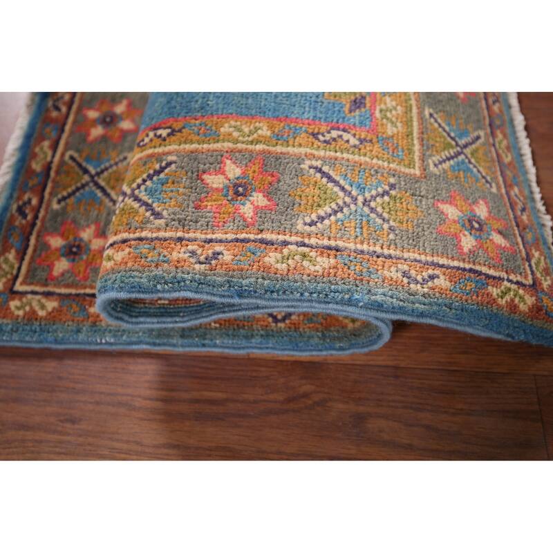 Blue Geometric Kazak Foyer Rug Hand-Knotted Oriental Wool Carpet - 2'0" x 3'1"