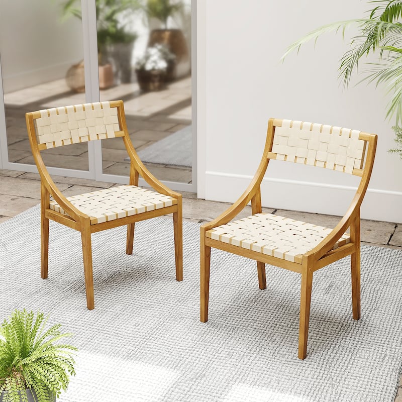 Natural Teak Wood Woven Webbing Dining Chair Armless Indoor Outdoor - 21" x 20.5" x 33"