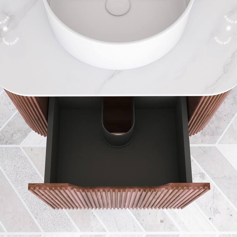 Plywood Wall-Mounted Bathroom Vanity Set with Integrated Ceramic Sink in Natural Wood