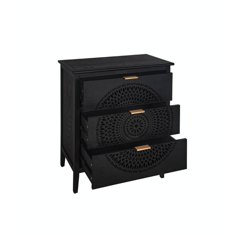 3-Drawer Cabinet with Hollow-Carved Design and Metal Handles