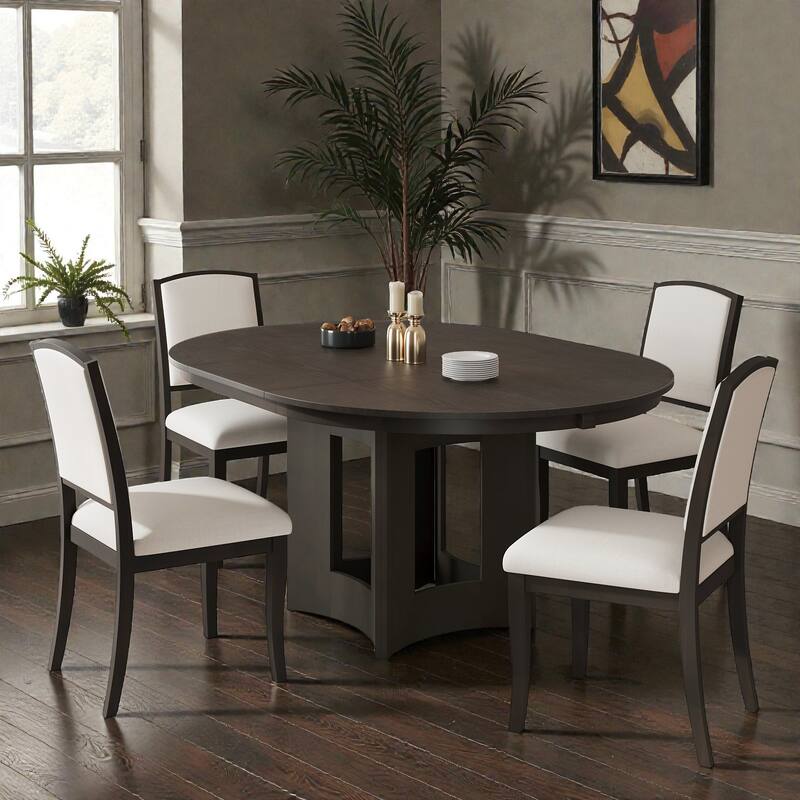 5-Piece Farmhouse Extendable Round Dining Table Set with 16" Leaf and 4 Upholstered Chairs for Small Spaces