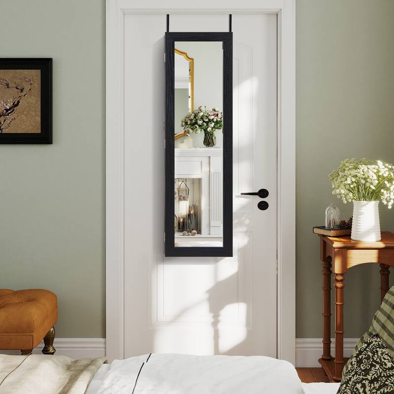 Wall Mounted or Door Hanging Jewelry Cabinet with Full Length Mirror and LED Lights - 12.5" x 3.7" x 42"