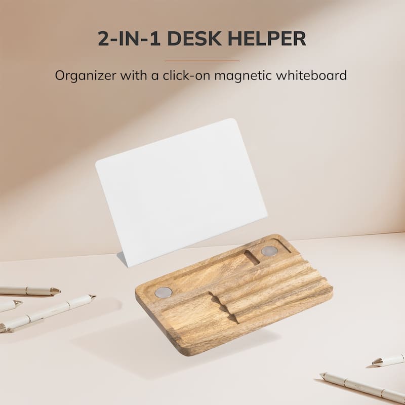 Jani Wooden Desk Organizer with Magnetic Whiteboard - Solid Wood, Hidden Storage & Anti-Skid Base for Home, Office & Workspaces