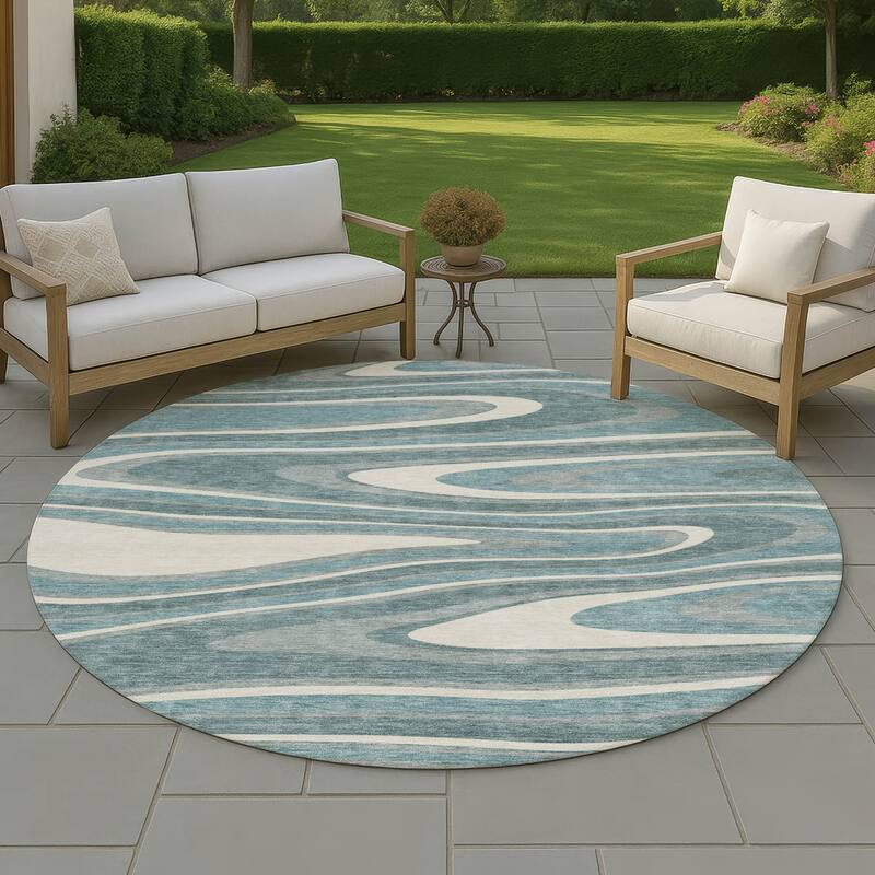 Machine Washable Indoor/ Outdoor Abstract Busey Chantille Rug - Teal - 8' x 8'