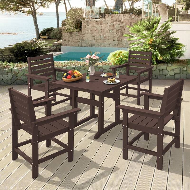 35.2-inch HDPS Outdoor Square Table With Umbrella Holes - 35.2" W x 35.2" L x 30.1" H - Coffee Brown