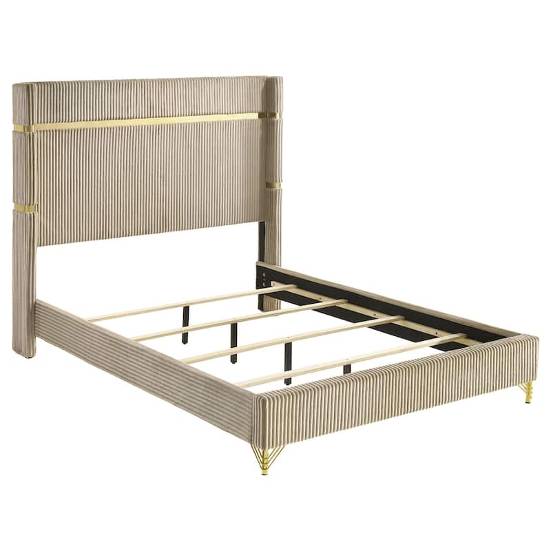 Jenny Queen Size Bed, Fluted Wingback Headboard, Beige Upholstery Gold Trim