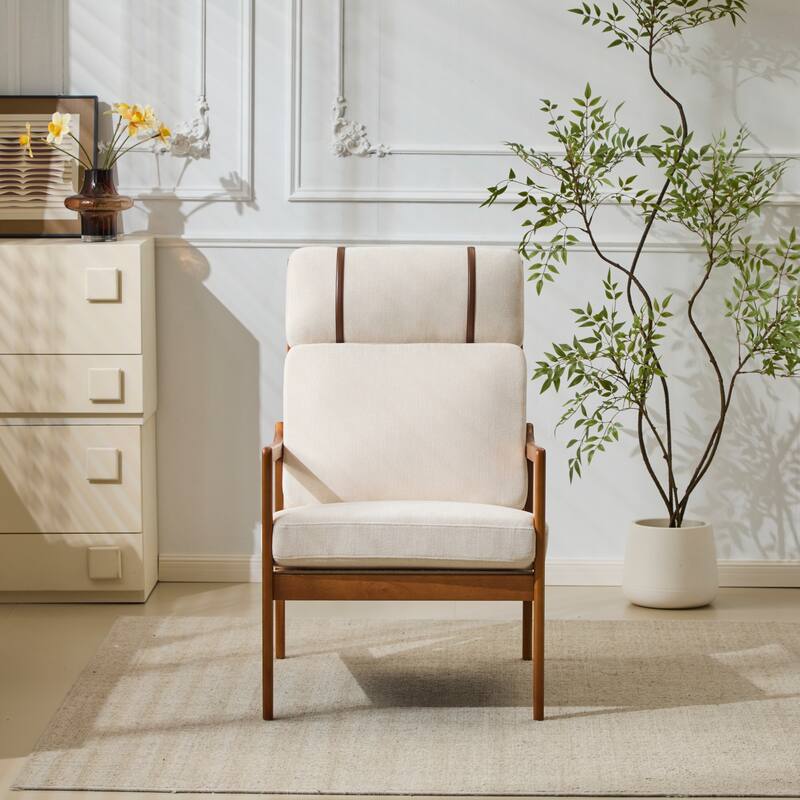 Mid Century Modern Accent Armchair, Solid Wood Frame with High Back, Beige Upholstered Cushions, Ergonomic Lounge Chair