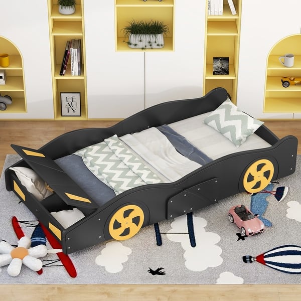 slide 2 of 14, Playful Design Race Car-Shaped Twin Size Platform Bed with Wheels,Sturdy Wood Construction and Storage Space Black+Yellow