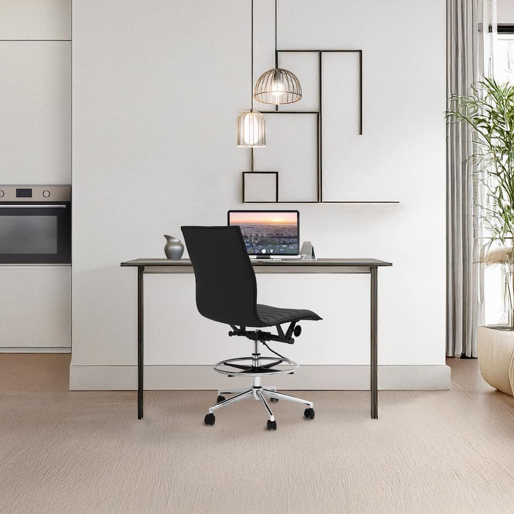 Modern Drafting Chair Upholstered PU Leather Ribbed Armless Mid Back with Tall Adjustable Base & Leg Rest