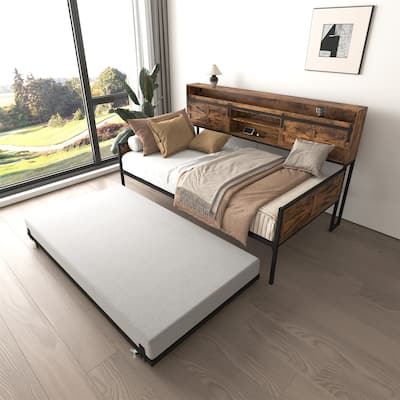 Twin Size Daybed with Trundle,Sliding Door Headboard,Charging Station