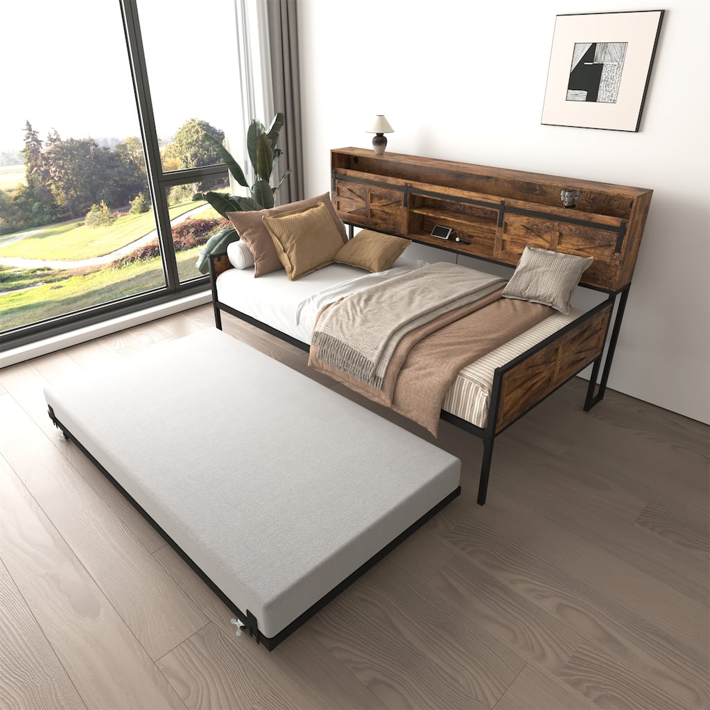 Twin Size Daybed with Trundle,Sliding Door Headboard,Charging Station