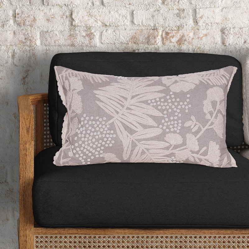 Sevita Hand-Woven Natural/Cream Botanical Linen Throw Pillow, 16" x 24"