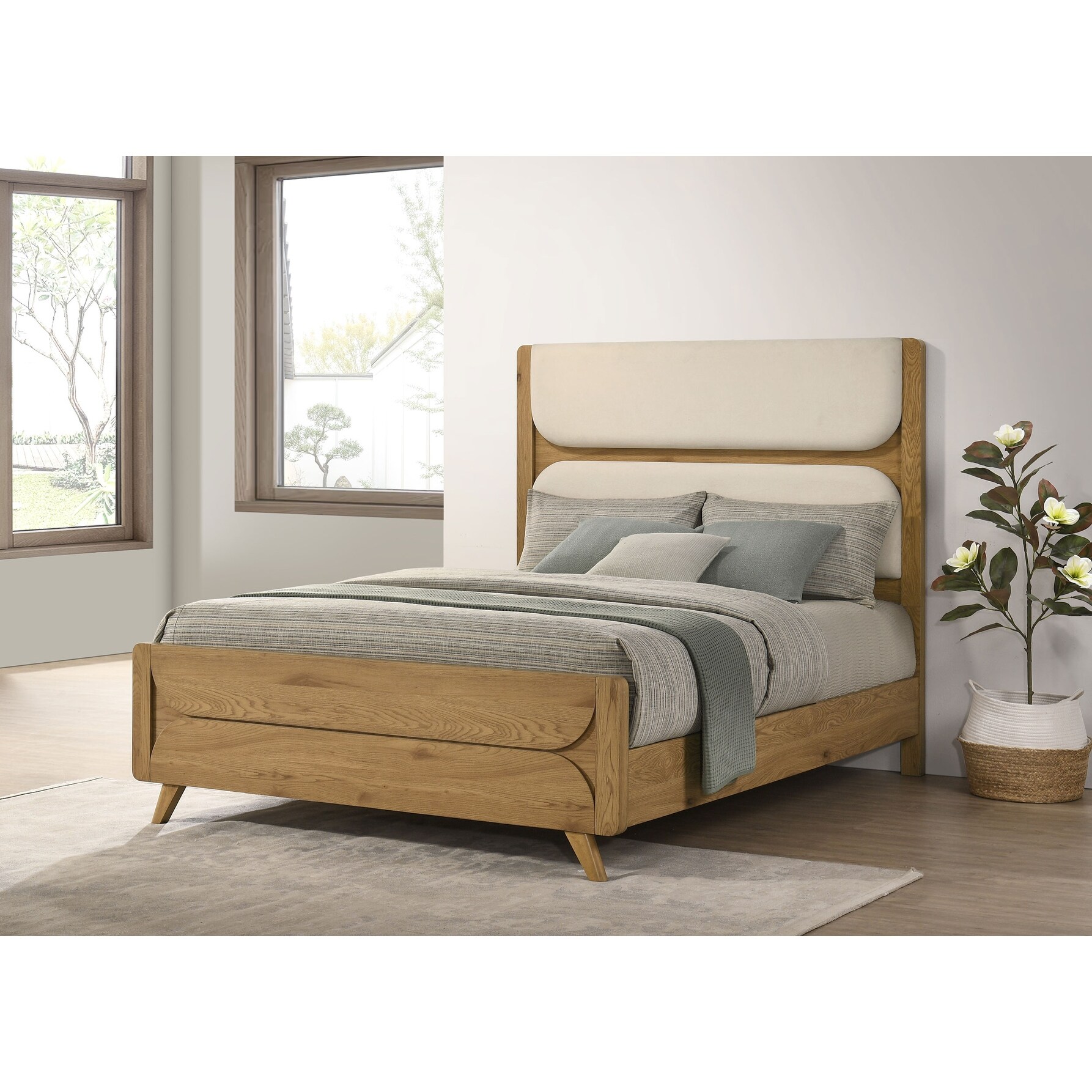 Bennett Upholstered Panel Bed Cream and Light Oak