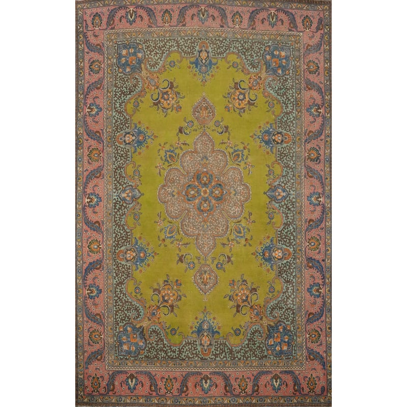 Hand Knotted Oriental 100% Wool Carpet Traditional Medallion Green Tabriz Area Rug - 13' 5'' X 9' 11''