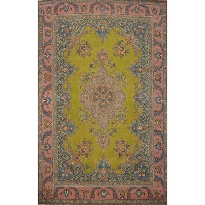 Hand Knotted Oriental 100% Wool Carpet Traditional Medallion Green Tabriz Area Rug - 13' 5'' X 9' 11''