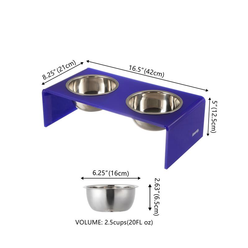 Keaton 5" Small/Medium Modern Lucite Rectangular Elevated Pet Feeder with 20oz 2-Stainless Steel Bowls