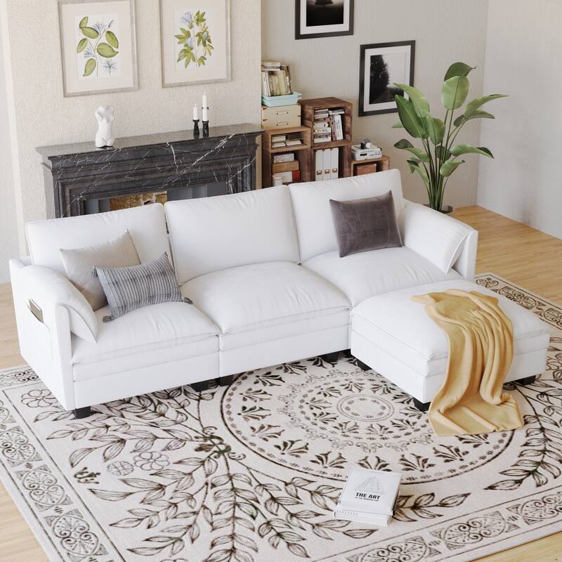 L-Shaped Sectional Sofa with Movable Ottoman, Fabric Upholstered 3 Seater Sofa, Deep Seat Sofa with Side Pockets