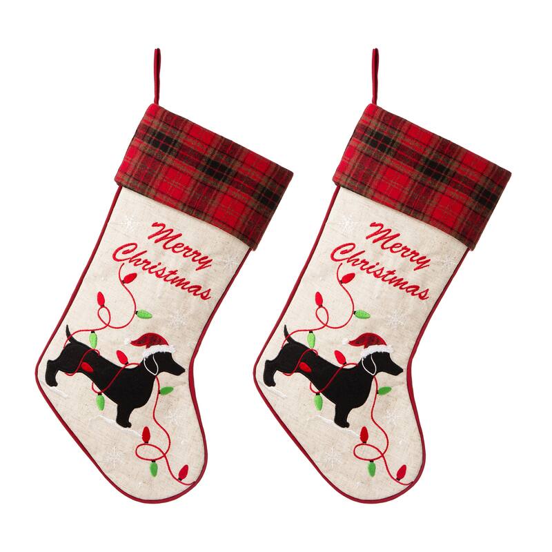 Glitzhome 21"L Embroidered Linen Red Truck Dachshund Christmas Stocking - 2PK Dachshund