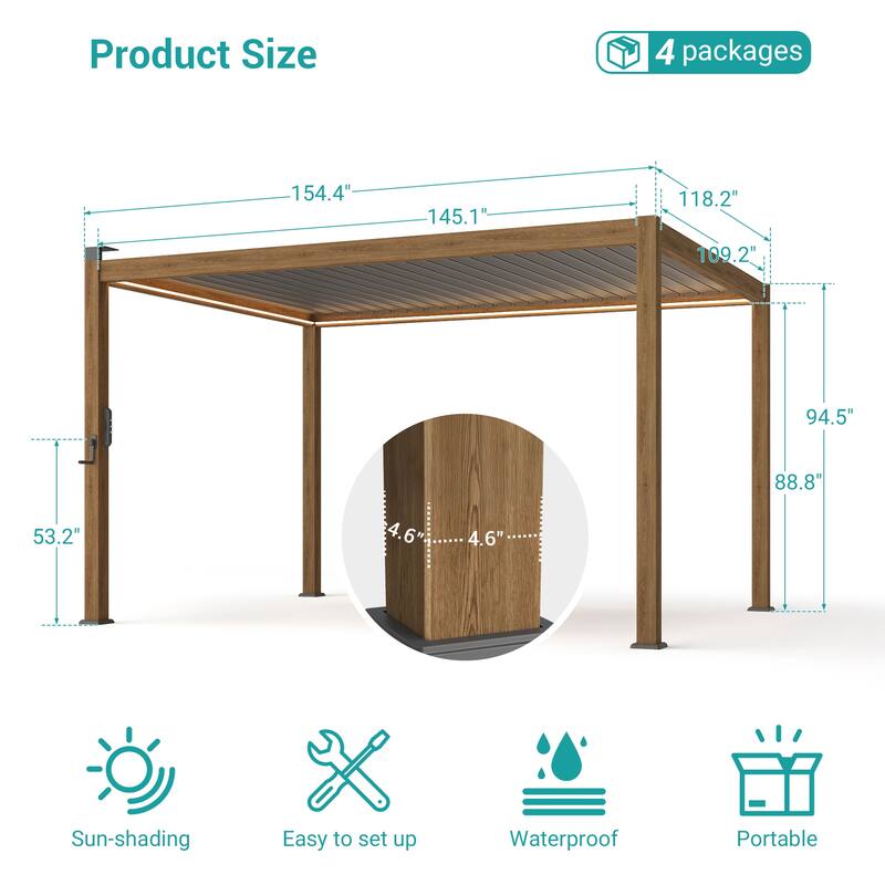 BONOSUKI Solar LED Louvered Pergola with Aluminum Frame for Modern Patio Living