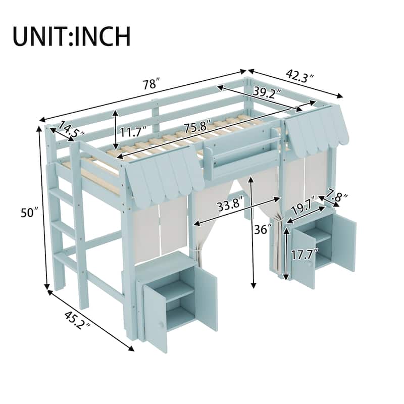 Fairy Tale Cottage Loft Bed with Tent, Bookshelf and Storage Cabinets