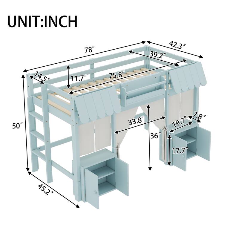Twin Loft Bed with Built-in Bookshelf, Curtain, and Storage Shelf Amusement Park-Inspired Playful, Blue