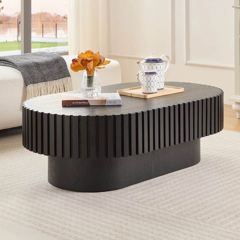 Modern Contermporary Natural Oval Accent Coffee Table with Sturdy Pedestal, MDF for Living Room No Assembled