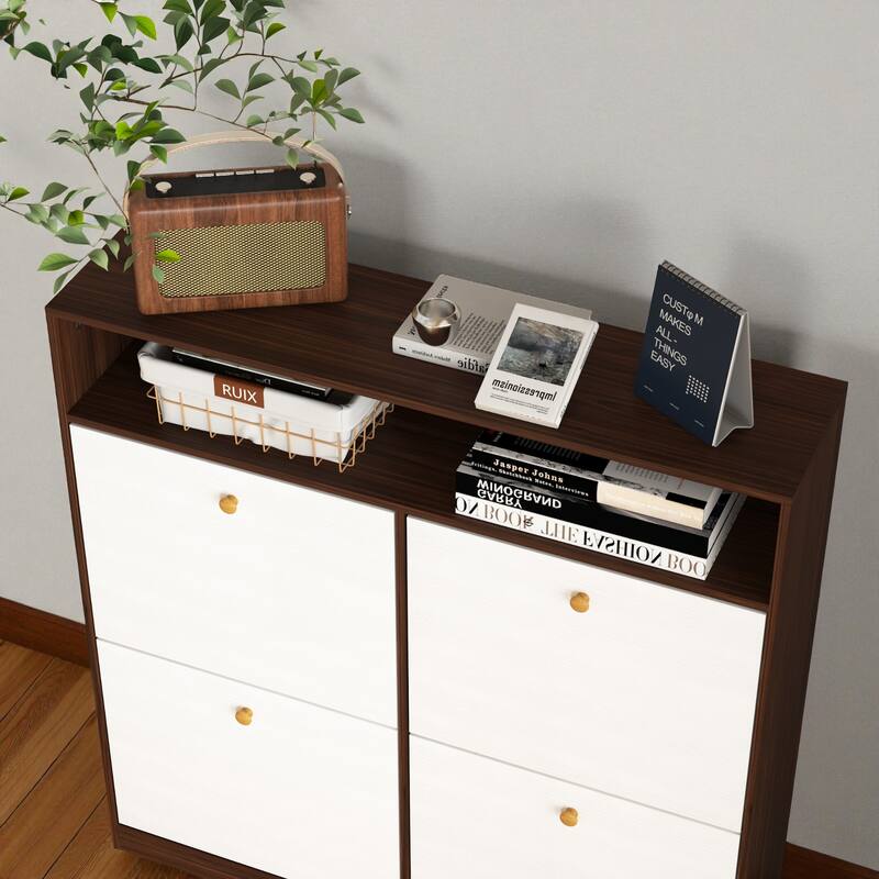 39.4" Shoe Storage Cabinet with 4 Flip Drawers, Large Freestanding Entryway Shoe Organizer with Wooden Handles and Anti-Tip Kit