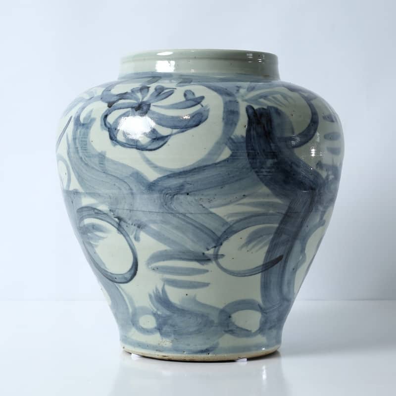 Approx. 13" High Blue and White Jar with Flower Motif