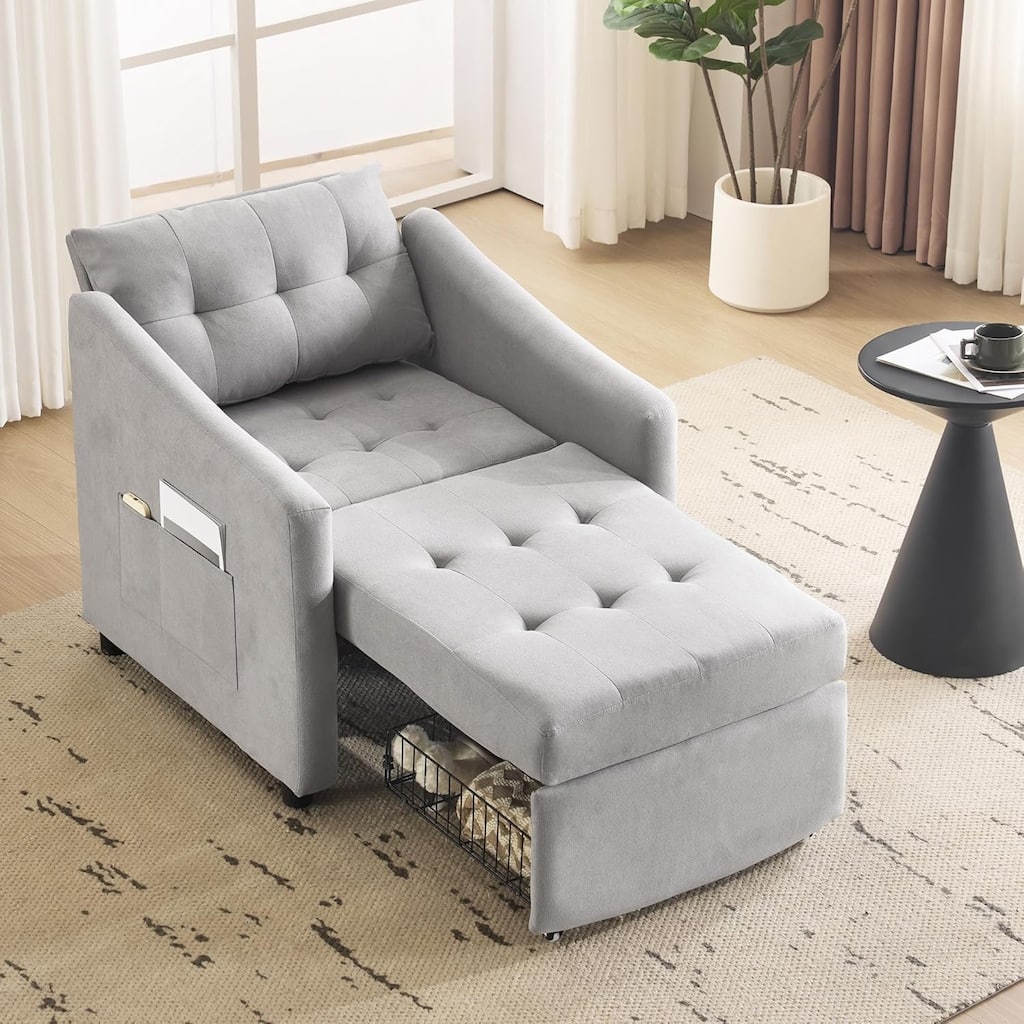 Bezseller Convertible Sofa Bed Chair, 3-in-1 Sleeper Chair with Storage Drawer, Light Gray