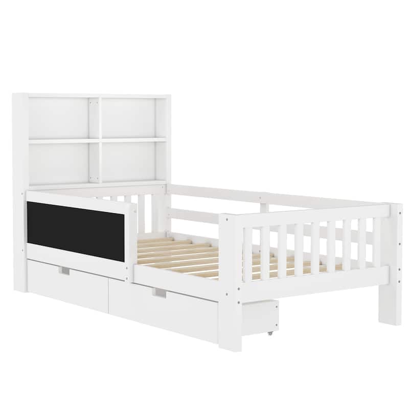 Childlike Fun Solid Wood Low-profile Platform Bed Storage Bed Frame with Side Chalkboard, Open Shelves, Drawers and Guardrails